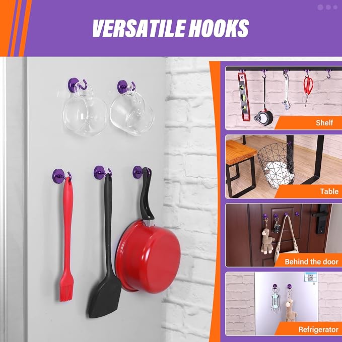Neosmuk Magnetic Hooks, Heavy Duty 130lb+ Strong Magnet Hook for Cruise Cabins, Cruise Essentials 2026 for Hanging, Metal Wall Refrigerator Hangers (Purple, 10 Pack)