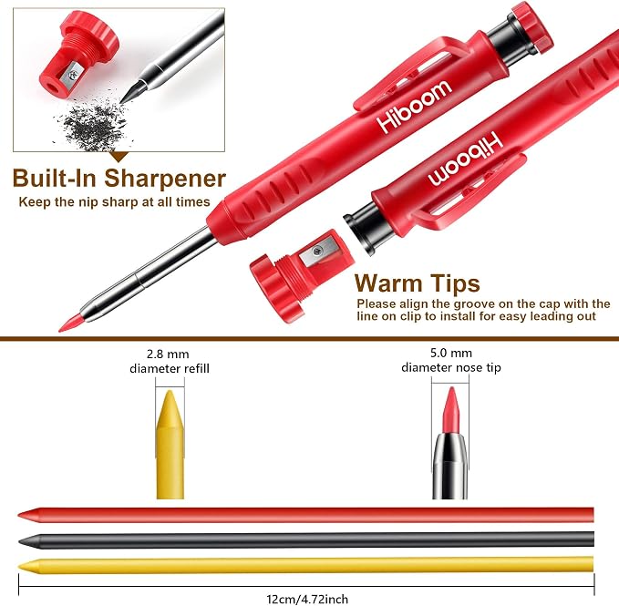 Hiboom 2 Pack Carpenter Pencils with Pencil Cap and 18 Refills, Red | Mechanical Pencil, Deep Hole Marking, Built-In Sharpener, Long Nose Tip, Pocket Clip, Marks Many Surfaces, Woodworking Use