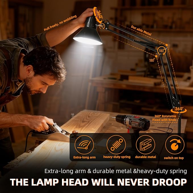 Black Dimmable Desk Lamp with Clamp, Extra-Tall Adjustable Swing Arm | Manicurist Table Lamp for Nail Work, Drafting, Sewing, Crafting, Home Office, 3 Color Temperatures, A19 Bulb Included