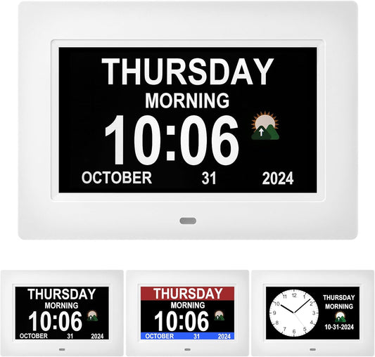 Digital Alarm Clock, Multiple Alarm Clocks Functions, Clock with Date and Day of Week, Dementia Clock That Provides Digital Alarms and Electronic Calendar for Seniors (White, 7 inches)