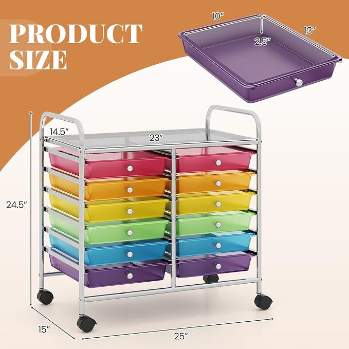 RELAX4LIFE 12-Drawer Rolling Storage Cart - Mobile Utility Cart on Wheels for School Classroom Teacher Office Salon, Paper File Art Supply Craft Organizer, Rolling Cart with Drawers (Rainbow)