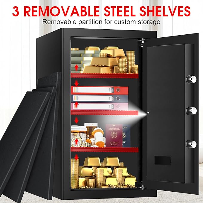 5.2 Cub Large Home Safes Fireproof Waterproof, Anti-theft Fire Safe with Programmable Keypad, Spare Keys and 3 Removable Shelves, Digital Home Security Safe Box for Home Document Money Valuables