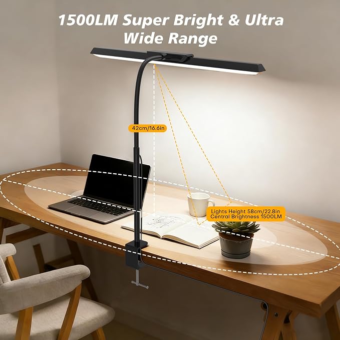LED Desk Lamp with Clamp, Stepless Dimming Flicker-Free for Home Office | Architect Lamp, DC Adapter, 25 Modes, 12.8in Flexible Gooseneck, Eye-Friendly for Workbench & Reading