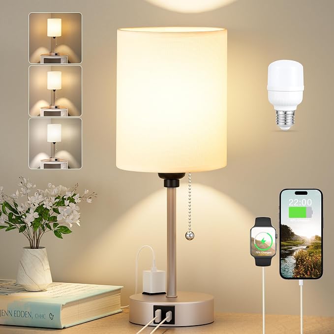 Small Bedside Table Lamp for Bedroom, Desk Lamp with USB Ports for Dorm | USB A+C Ports, AC Outlet, 3 Color Temp, LED Bulb Included, White Fabric Shade, Light-Gold Brass Base, 14" Night Stand Lamp