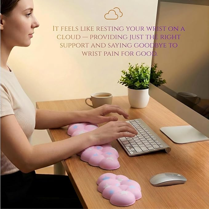 Cloud Wrist Rest Set for Keyboard & Mouse, 16.9", Pink Colorful Star | Memory Foam Arm Rest with Ergonomic Support Fits Full Keyboards and Reduces Typing Fatigue for Office, Gaming and Home Use