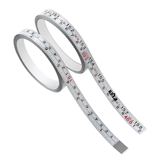 2-Pack Adhesive Measuring Tape for Workbenches, 158 Inch | 1/2-inch white ruler tape with imperial and metric scales; peel-and-stick design reads left to right.