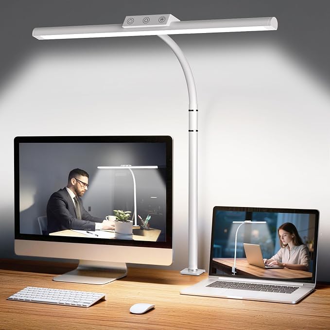 LED Desk Lamp for Home Office, Flexible Gooseneck Desk Lamp with Clamp, 5 Color Touch Control Stepless Dimming Adjustable Eye-Caring Desk Light with Adapter for Reading, Study, Workbench (White)