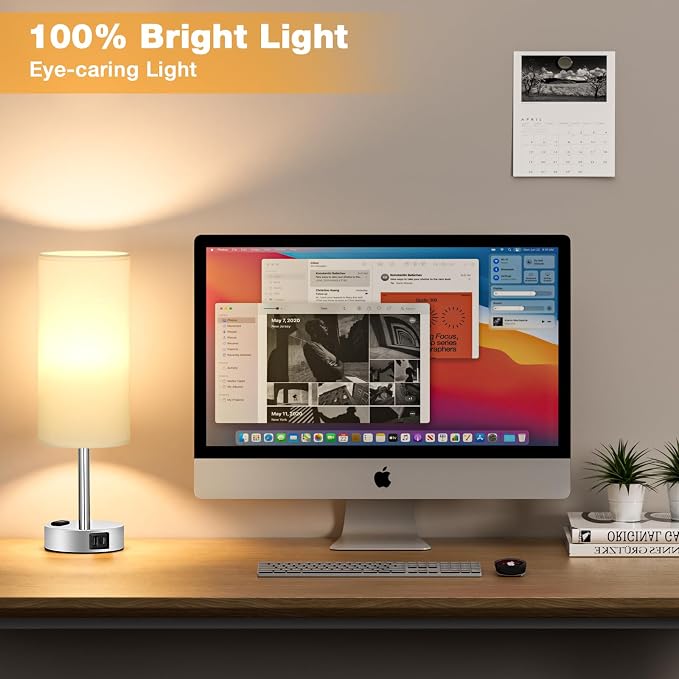Touch Bedside Table Lamps Set of 2 - Bedroom Lamp with USB A+C, AC Outlet | 3-Way Dimmable, LED Bulb Included, White Fabric Lampshade, Sleek Silver Metal Base & Pole, 14" Small Nightstand Lamp for Desk