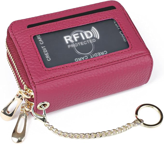 imeetu RFID Credit Card Holder, Small Card Wallet Women, Leather Card Case | Genuine Leather Women's Card & id Cases, Change Coin Purse with Zipper Keychain id Window, 20 Colors & 3 Styles, Daily, Gifts