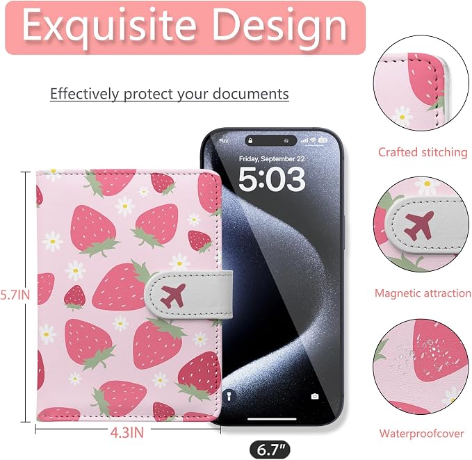 Passport Holder, Cute Travel Wallet Cover with RFID Blocking,Strawberry | PU leather travel wallet with magnetic closure, card slots, pen loop, and easy access for passports and essentials.