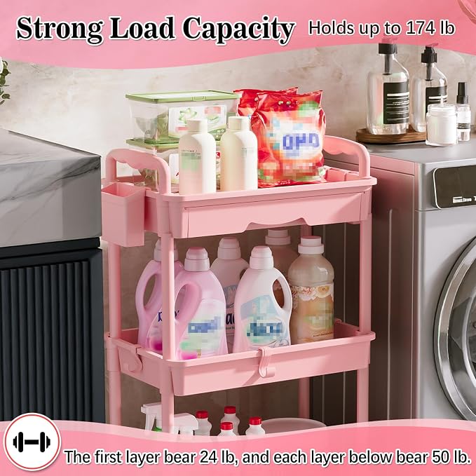 SUNALLY 3 Tier Rolling Cart with Drawer, Craft Storage Cart Organizer, Pink | Bathroom Storage Organizer with 2 Lockable Wheels, Rolling Utility Cart for Kitchen, Office, Baby, Makeup, Nail,Snack,Laundry