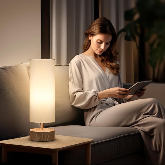 Touch Table Lamp with Wood Grain Metal Base, 3 Way Dimmable Bedside Lamp | Modern Nightstand Desk Lamp with White Shade, Simple Night Light for Bedroom Living Room Home Office, LED Bulb Included