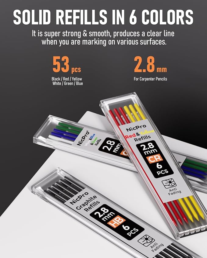Nicpro 5 Pack Carpenter Pencil with Sharpener & Holster, Carpenter Tools | Mechanical Carpenter Pencils with 53 Refills, Heavy Duty Construction Pencil, Comfort Grip Woodworking Pencils for Architect