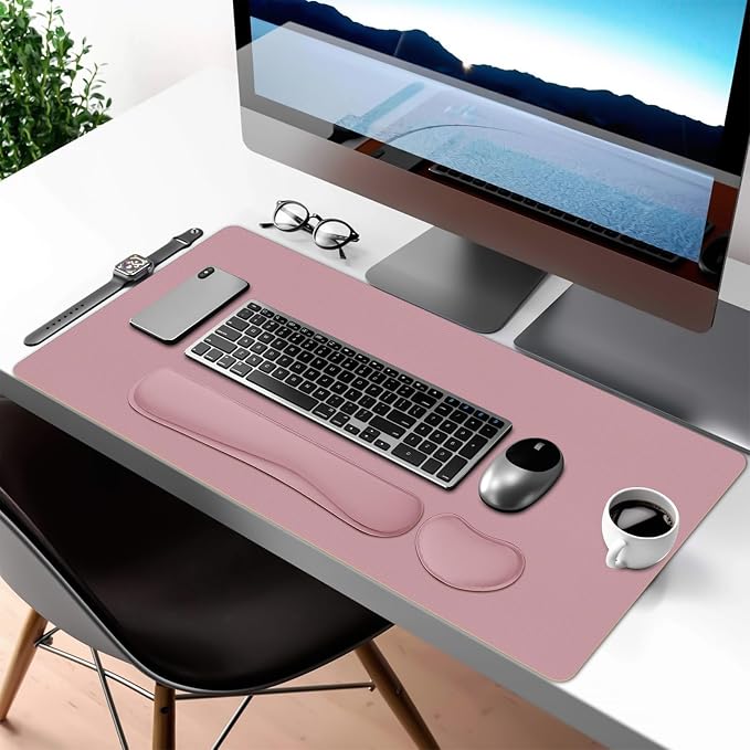 Mouse Pad and Keyboard Wrist Rest, 3-in-1 Keyboard and Mouse Pad | 31.5" x 15.7" Dusty Pink Desk Mat Set,Ergonomic Wrist Support, Non-slip & Waterproof Computer Mat,Desktop Protector for Women