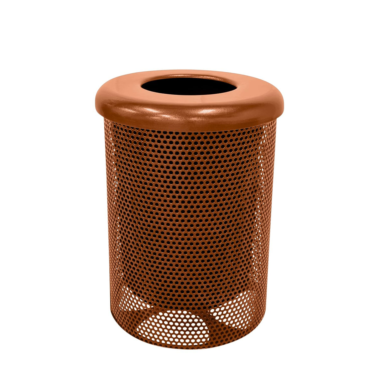 32-Gallon Heavy-Duty Punched Steel Round Trash Receptacle, Commercial Outdoor Waste Bin with Liner & Black Flat Top Lid – Made in America (Textured Copper)
