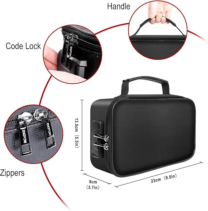 ENGPOW Small Fireproof Storage Organizer Case with Lock, 9”x 5.3”x 3.7” | Money Safe Wallet Carrying Bag with Multi-Pocket, Portable Home Travel for Cash,Card,Passport,Coin,Check,Bill,Soft Box,Black