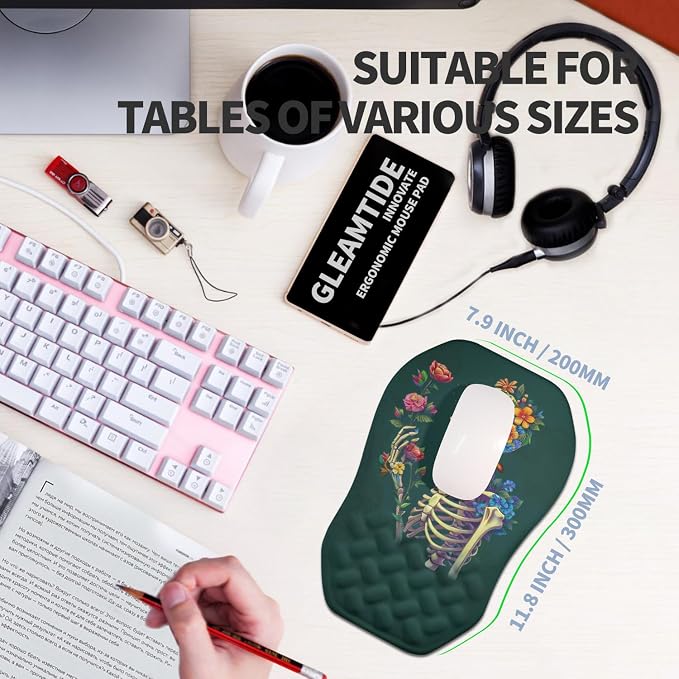 Ergonomic Raised Mouse Pad Wrist Support with Bilateral Slope Memory Foam Mousepad for Wrist Rest and Carpal Tunnel Pain Relief 11.8x7.9〃Skeleton Flower