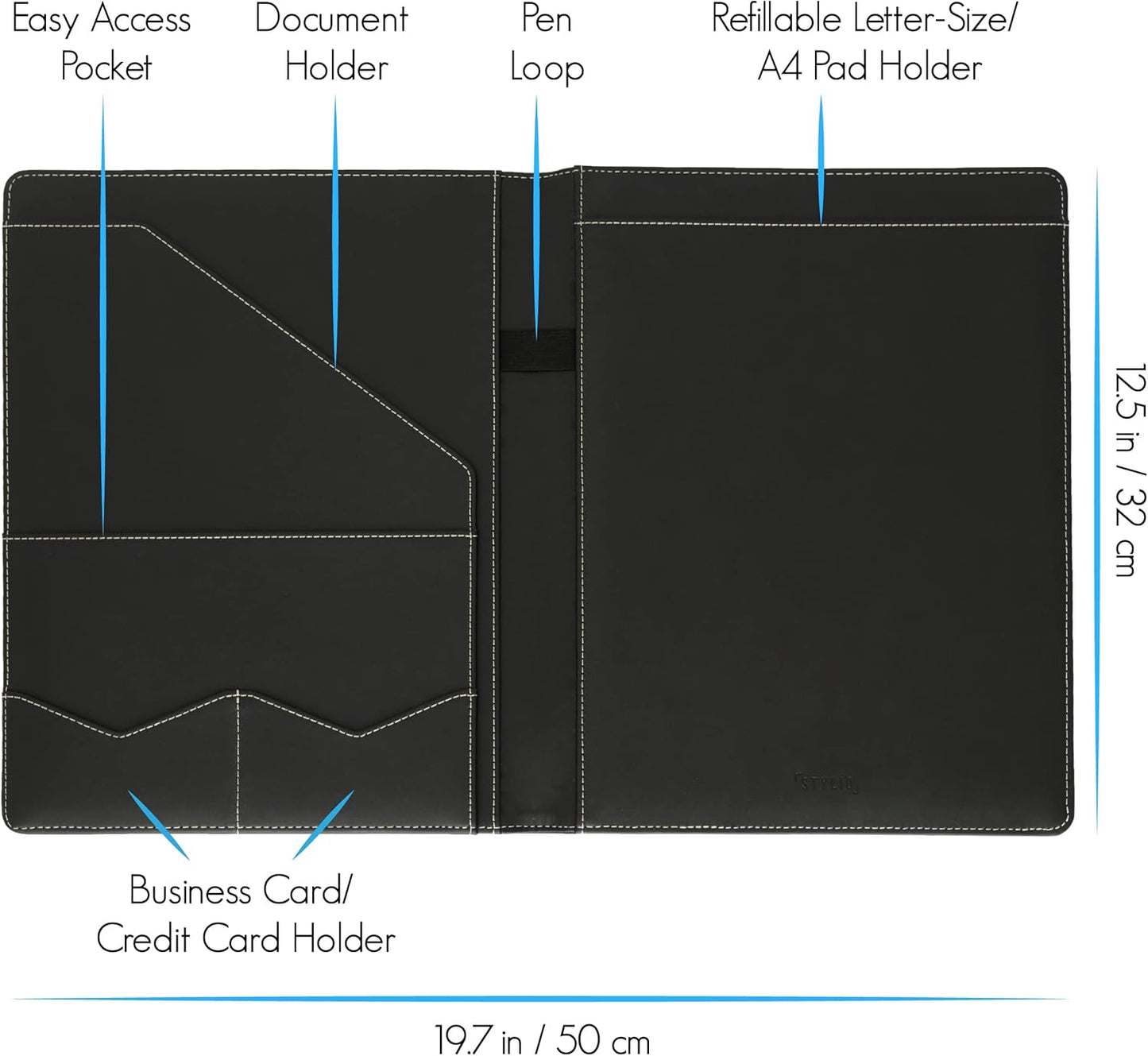 STYLIO Padfolio Portfolio Organizer Binder | Interview Resume Folder, Legal Document, Business Card Holder |w/Letter-Sized Notepad | Handsome Piano Noir Faux Leather Folio Matte Finish, Accent Stitch
