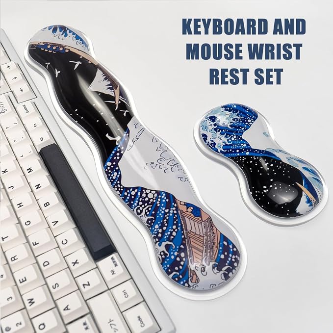 Ergonomic Silicone Gel Keyboard and Mouse Wrist Rest Set – Clear Wrist Rest for Computer Keyboard 60%/68%/75%, Comfort & Support for Typing and Gaming (Black Blue)