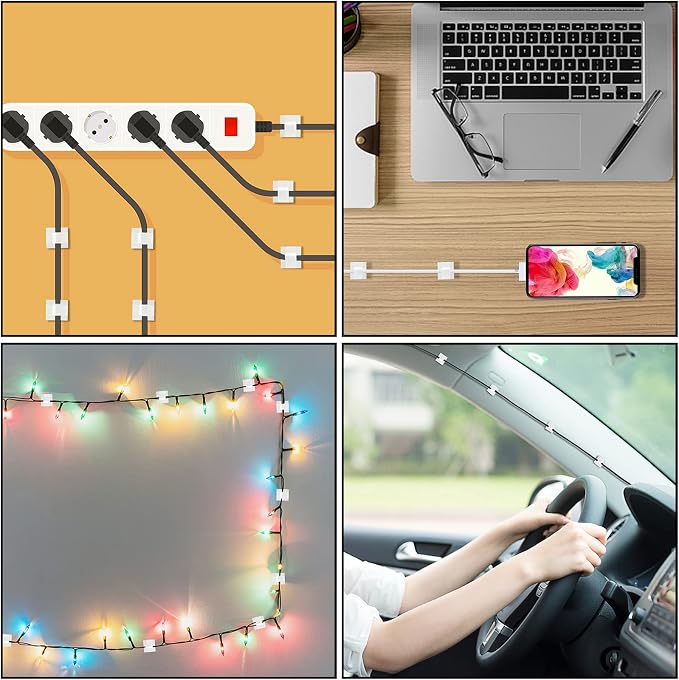 65 Pcs Cable Clips, Adhesive Cable Organizer Cord Holder Wire Clip Wire Management Self Adhesive Hooks Wire Holder for Office, Home(White, 65PCS-Large)