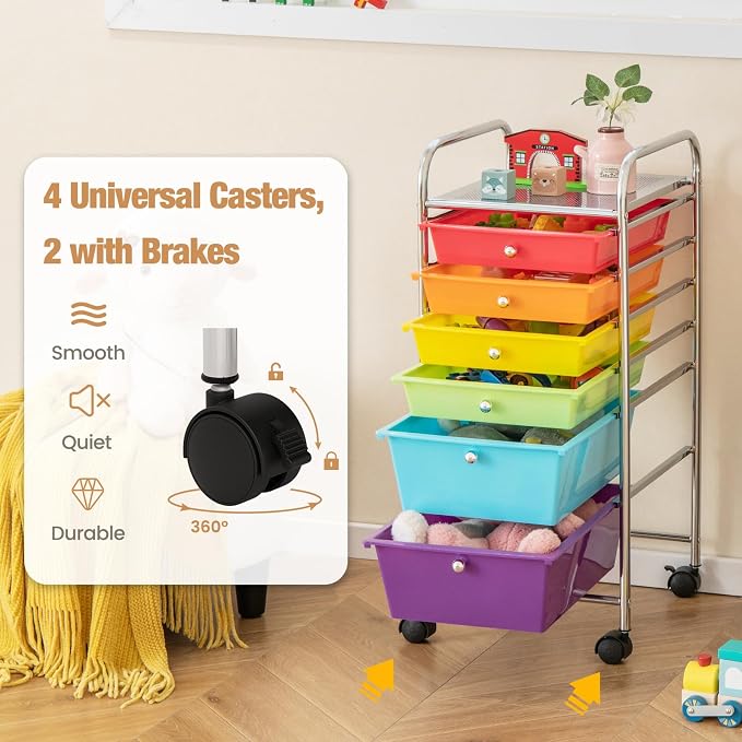 COSTWAY 6-Drawer Rolling Storage Cart, Art Craft Tools Organizer on Wheels | Multifunctional Heavy Duty Utility Mobile Storage Trolley w/ 2 Lockable Wheels for Home Office School (Multi-color)