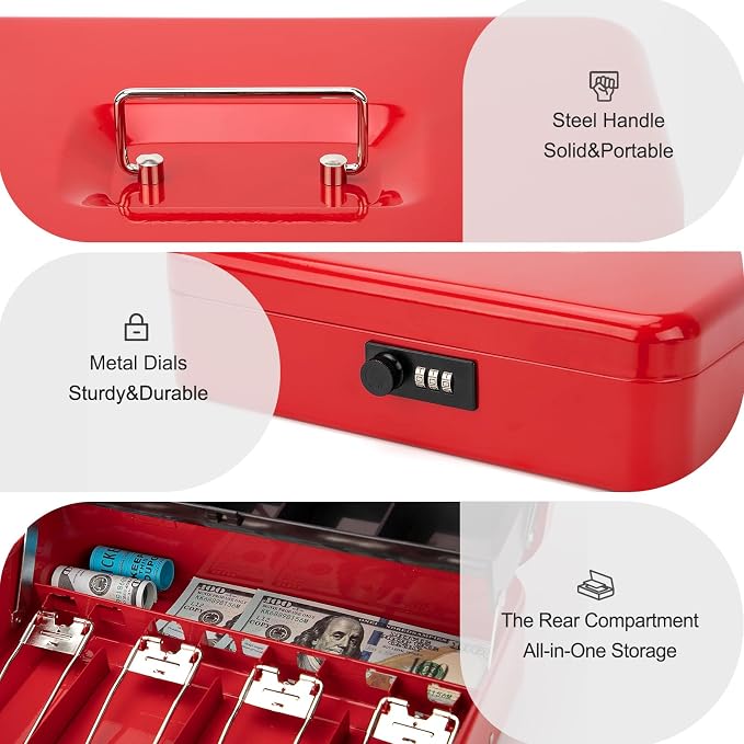 Jssmst Cash Box with Money Tray and Lock - Red Cash Box with Combination Lock Safe Money Box Large, Locking Cash Register Drawer Box, 11.8'' x 9.5'' x 3.5'', SM-CB005RED