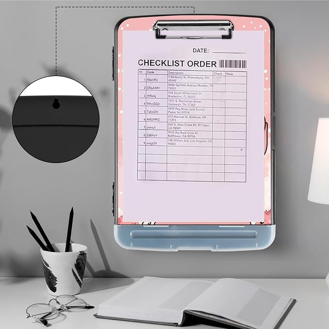 Clipboard with Storage,Storage Clipboard with Pen Holder,Heavy Duty Plastic Storage Clipboard with Low Profile Clip,Teacher Must Haves,Clipboard Folder,Office Supplies,Cute Pink Pig -1348