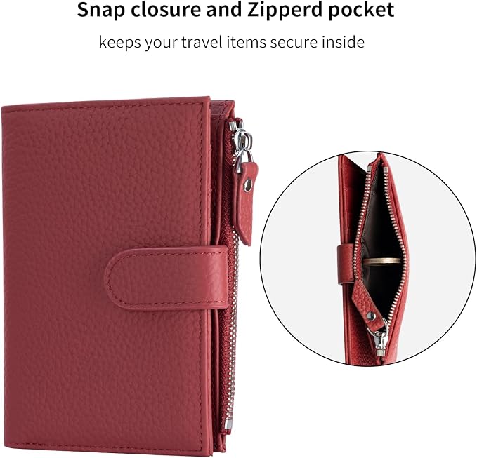 Passport wallet and Card Slot Combo RFID Blocking Leather Travel Passport Wallet for Men and Women with Zippered Coins Pocket Passport holder, WineRed
