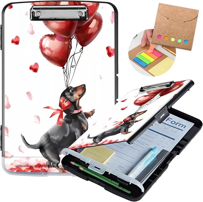 Clipboard with Storage,Storage Clipboard with Pen Holder,Heavy Duty Plastic Storage Clipboard with Low Profile Clip,Teacher Must Haves,Clipboard Folder,Office Supplies,red Balloon and Dog -1333