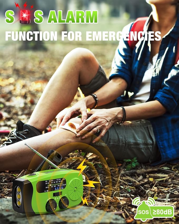 Hand Crank Radio with AM/FM/NOAA Weather Bands,for Emergencies, Camping | 3 LED Flashlights,SOS Function,Solar Powered,Hand Cranked, 2000mAh/7400mWh Charger,for Power Outage - Green