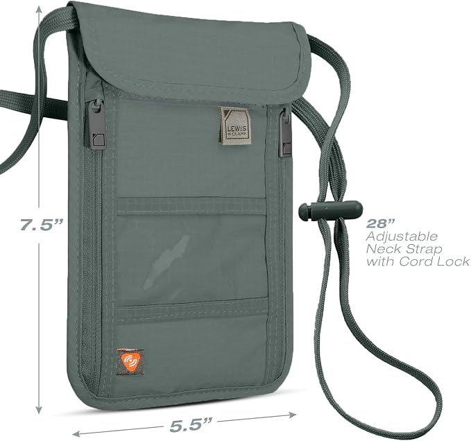 Lewis N. Clark Stash Neck Travel Wallet, RFID Blocking Passport Holder, Protect Personal Information, Slate