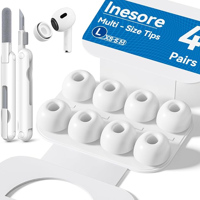 Inesore 4 Pairs Replacement Ear Tips for AirPods Pro 2nd/1st (Large-White) | with Noise Reduction Hole & Built-in dust Guard Screen,Silicone,with Portable Storage Box & Cleaner Pen,(Large-white)