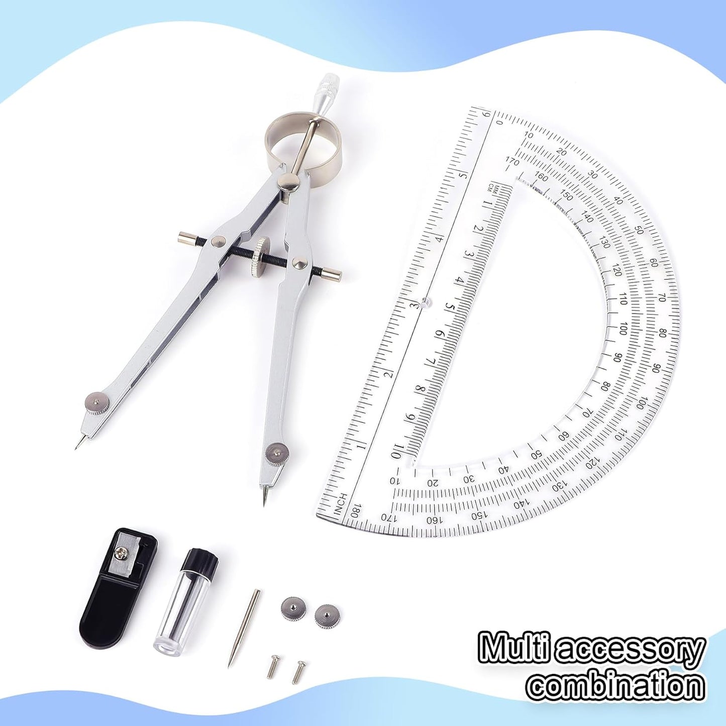 Compass and Protractor Set, Professional Drawing Compass Tool, Metal Compass with Extra Refills, Compass for Geometry and 6 Inch Math Protractors 180 Degree (Black)