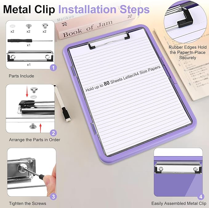 Meiikun Clipboard with Storage, Clip Boards 8.5x11 with Dual Storage, Plastic Clipboards Clear Visible Dry Erase Top Panel, High Capacity Clip Board Organizer for Work School Office (Violet)