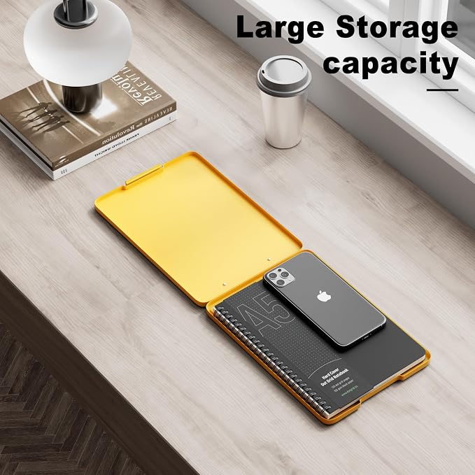 Hongri A5 Clipboard with Storage, Metal Retractable Pen Holder, Yellow | 6 x 9'' Nursing Plastic Foldable Clip Board, Size 9.4 x 6.1 x 0.9 in, Menu Box for Work, Office & School Supplies