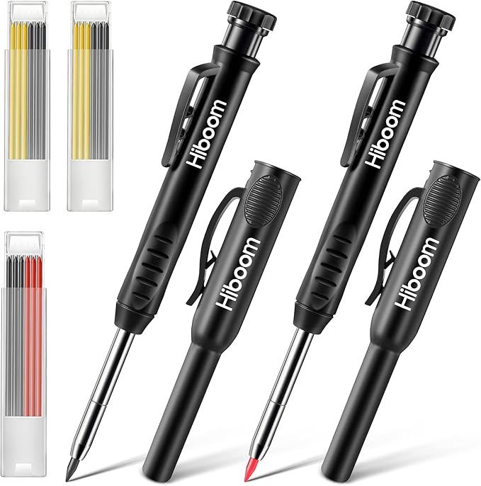 Hiboom 2 Pack Carpenter Pencils with Pencil Cap and 18 Refills, Black | Mechanical Pencil, Deep Hole Marking, Built-In Sharpener, Long Nose Tip, Pocket Clip, Marks Many Surfaces, Woodworking Use