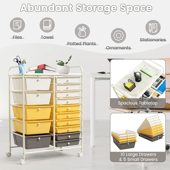 GLACER 15 Drawers Rolling Storage Cart, Steel Frame Craft Organizer Cart | Utility Cart w/Lockable Wheels & Sleek Handle, Mobile Art & Tool Supply Trolley for Teacher, Home, School, Office (Yellow)