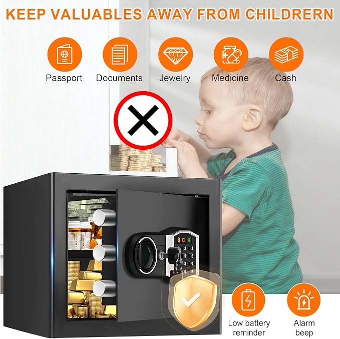 1.3 Cub Small Fireproof Safe for Home, Security Anti-Theft Fire Proof Safe Box with Spare Keys, Programmable Keypad and Alarm System, Digital Fireproof and Waterproof Safes for Document Money Medicine