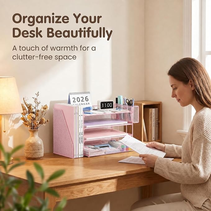 Desk Organizers and Accessories, 4-Tier Desktop File Organizer with Drawer and Pen Holders, Office Desk Accessories Workspace Organizers for Office Supplies (Soft Pink)