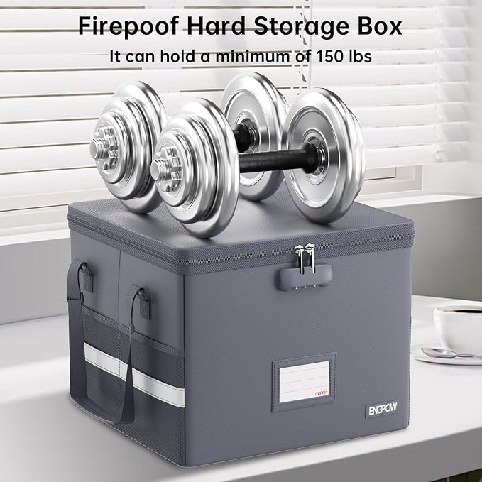 ENGPOW 5200°F File Box Fireproof Document Box with Lock,Heat Insulated Collapsible File Storage Organizer Box with Handle,Portable Home Office File Cabinet for Hanging Letter/Legal Size Folder, Gray