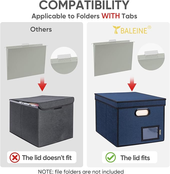 BALEINE File Organizer Box with Lid, Collapsible Hanging File Storage Box | Smooth Plastic Rails, Textured Fabric Exterior, Collapsible Hanging File Folder Box for Office Document Storage