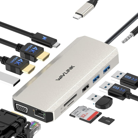 WAVLINK 12 in 1 USB C Docking Station Dual Monitor Triple Display with 2 HDMI, VGA, USB Type C Hub with 100W PD, Ethernet, 5 USB, SD/TF Card Reader, Audio, Work for Windows Laptop