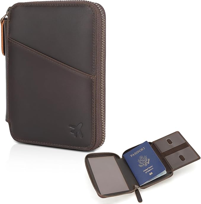Polare Leather Pilot Wallet Passport Holder RFID Blocking Tri-fold Travel Cover Document Organizer for Aviation Professionals (Dark Brown(YKK Zipper Version))