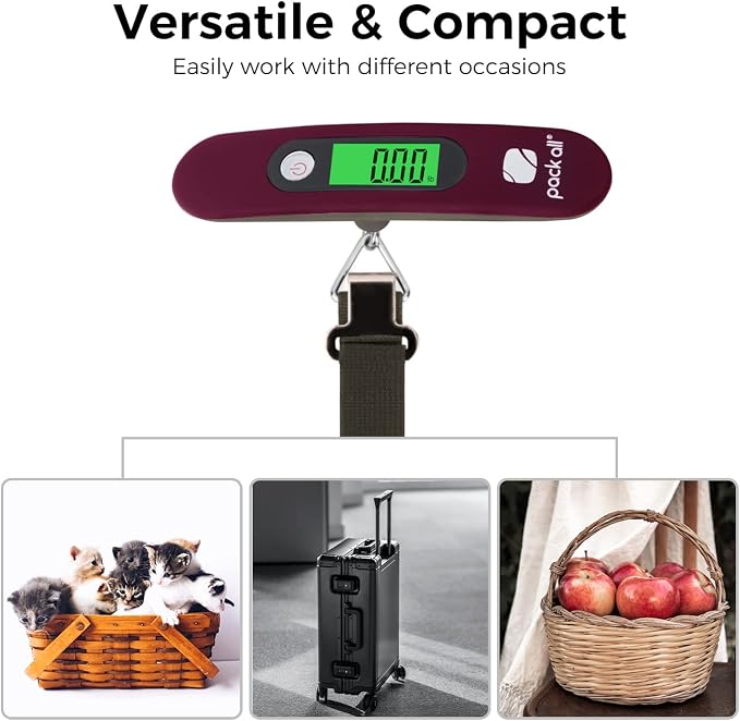 pack all Digital Luggage Scale for Travel, 110Lbs Capacity, 0.1Lb Precision | Handheld, Backlit LCD Display, Lb/Kg/Oz/g Conversion, Tare Function, Battery Included, Red
