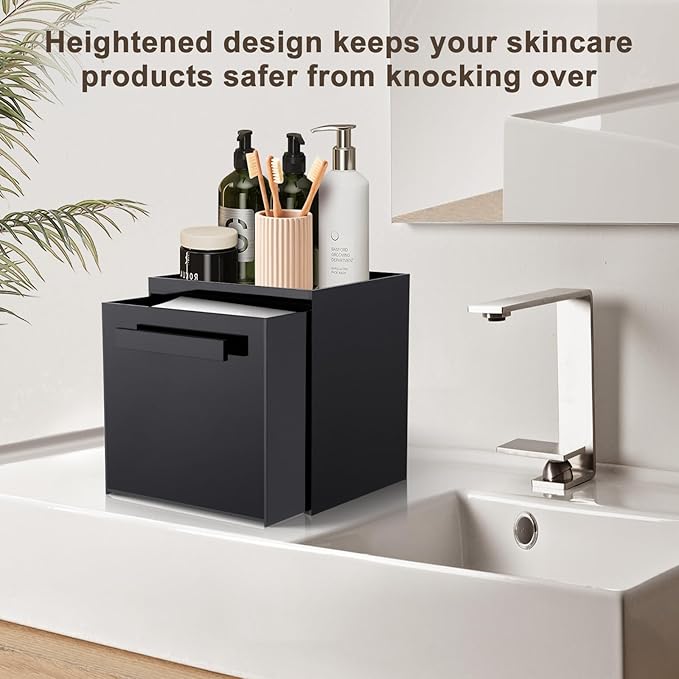 Acrylic Disposable Facial Towels Holder, Wall-Mounted, Glossy Black | Premium Thicken Acrylic | Compatible with Clean Skin Club Towel XL | Skin Care Organizer with Drawer | Bathroom Vanity