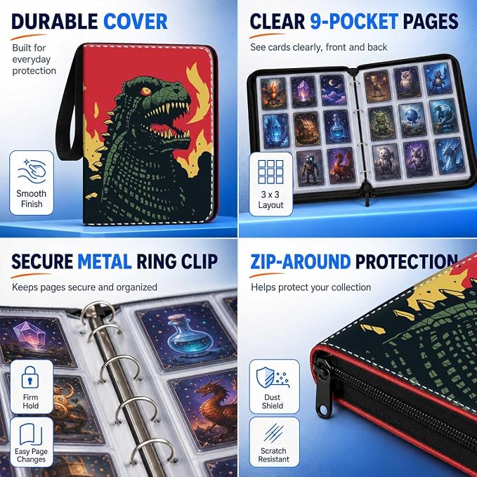 1008 Card Binder 9 Pocket, 3-Ring Trading Card Binder with 56 Page Removable Sleeves, High Storage Waterproof Trading Card Holder Collection Card Album Organizer Case for TCG Cards - Fire