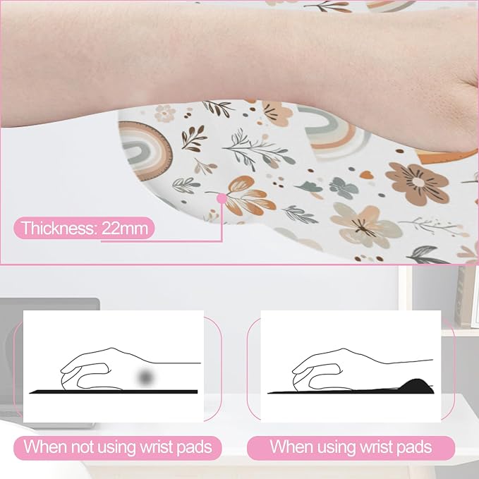 Cute Rainbow Flower Boho Keyboard Wrist Rest Pad Mouse Pad Set,Ergonomic Mousepad Wrist Support Memory Foam Desk Pad for Gaming Office,Non-Slip Rubber Base Easy Typing for Home Office Computers