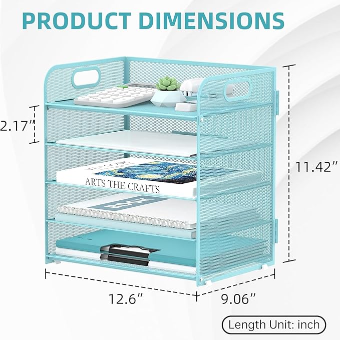 5 Trays Paper Organizer Letter Tray with Handle-Mesh Desk File Organizer, Paper Sorter Desk Organizer for Office, Home or School (Light Blue)