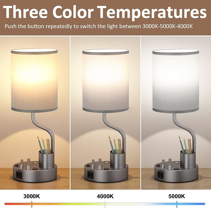 Bedside Lamps for Bedroom Set of 2 - Table Desk Lamp for Nightstand | 15" Table Lamp for Living Room with Pen Holder & Phone Stand, USB A+C Port, AC Outlet, 3 Color Temperature, LED Bulb Included