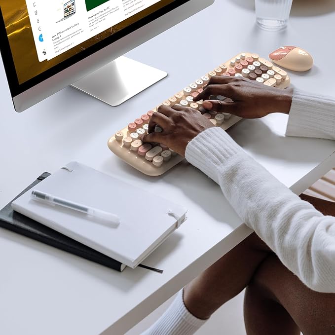 MOFII Wireless Keyboard and Mouse Combo, 2.4G Full-Size Retro Typewriter Computer Keyboard and 3 Level Adjustable Wireless Mouse for Windows, Mac OS Desktop/Laptop/PC-Milk Tea Colorful